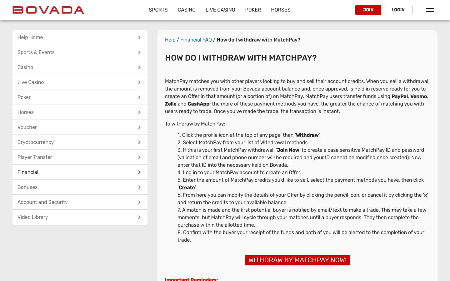 Bovada help centre article titled How do I withdraw with MatchPay, listing eight numbered steps from clicking the profile icon to confirming receipt of funds, with a red Withdraw by MatchPay now button