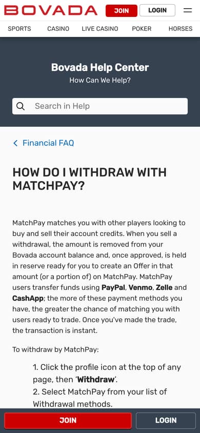 The same Bovada help article on a phone, showing the title and the first withdrawal steps