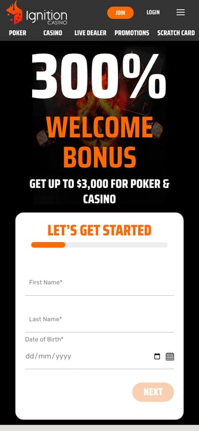 Ignition Casino homepage on a phone with the same menu and 300% welcome bonus banner
