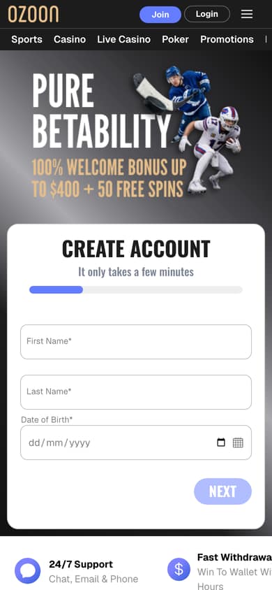 Ozoon.eu homepage on a phone with the Pure Betability headline above the create account form